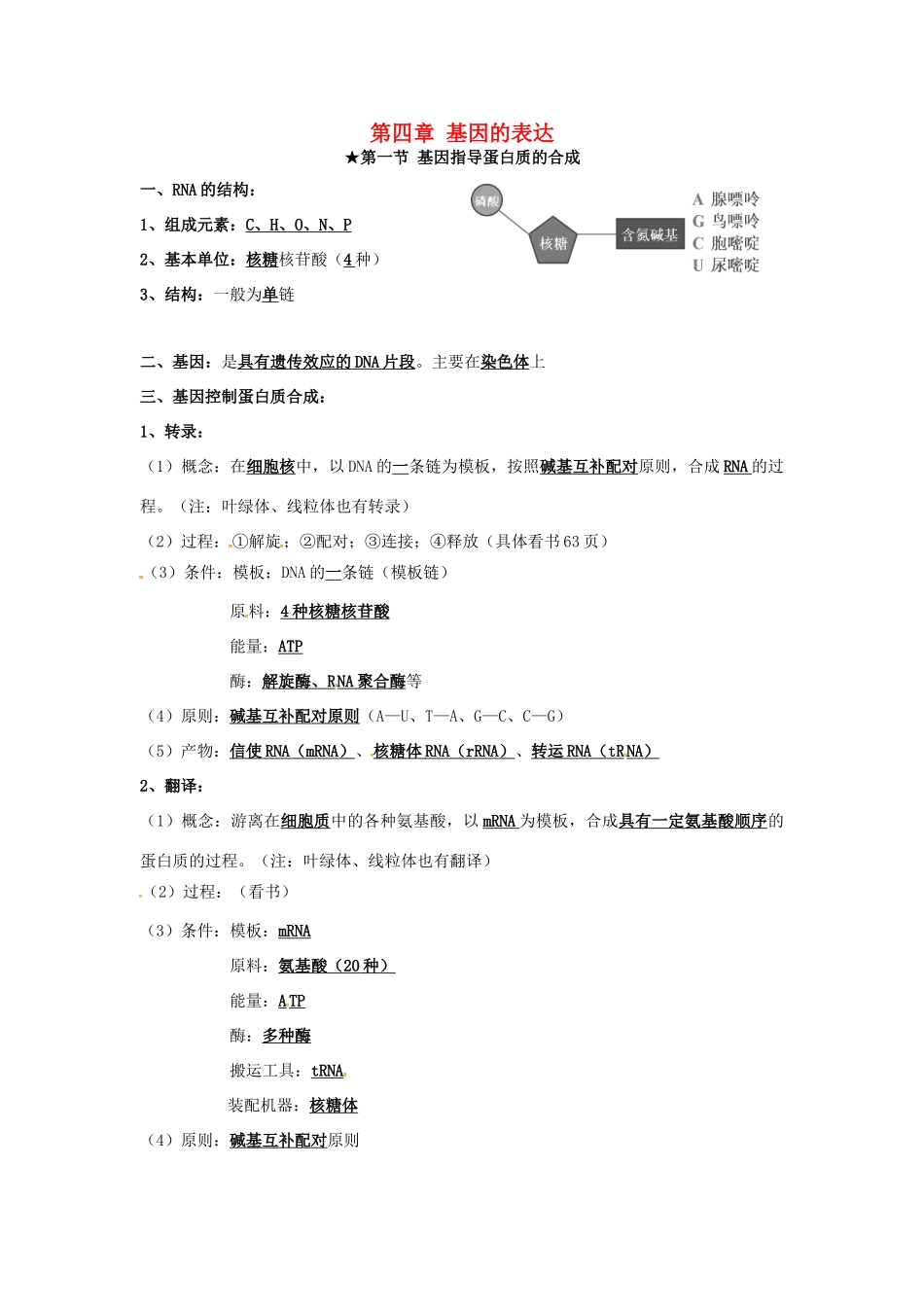 高中生物 第四章《基因的表达》知识点总结 新人教版必修2-新人教版高一必修2生物素材_第1页