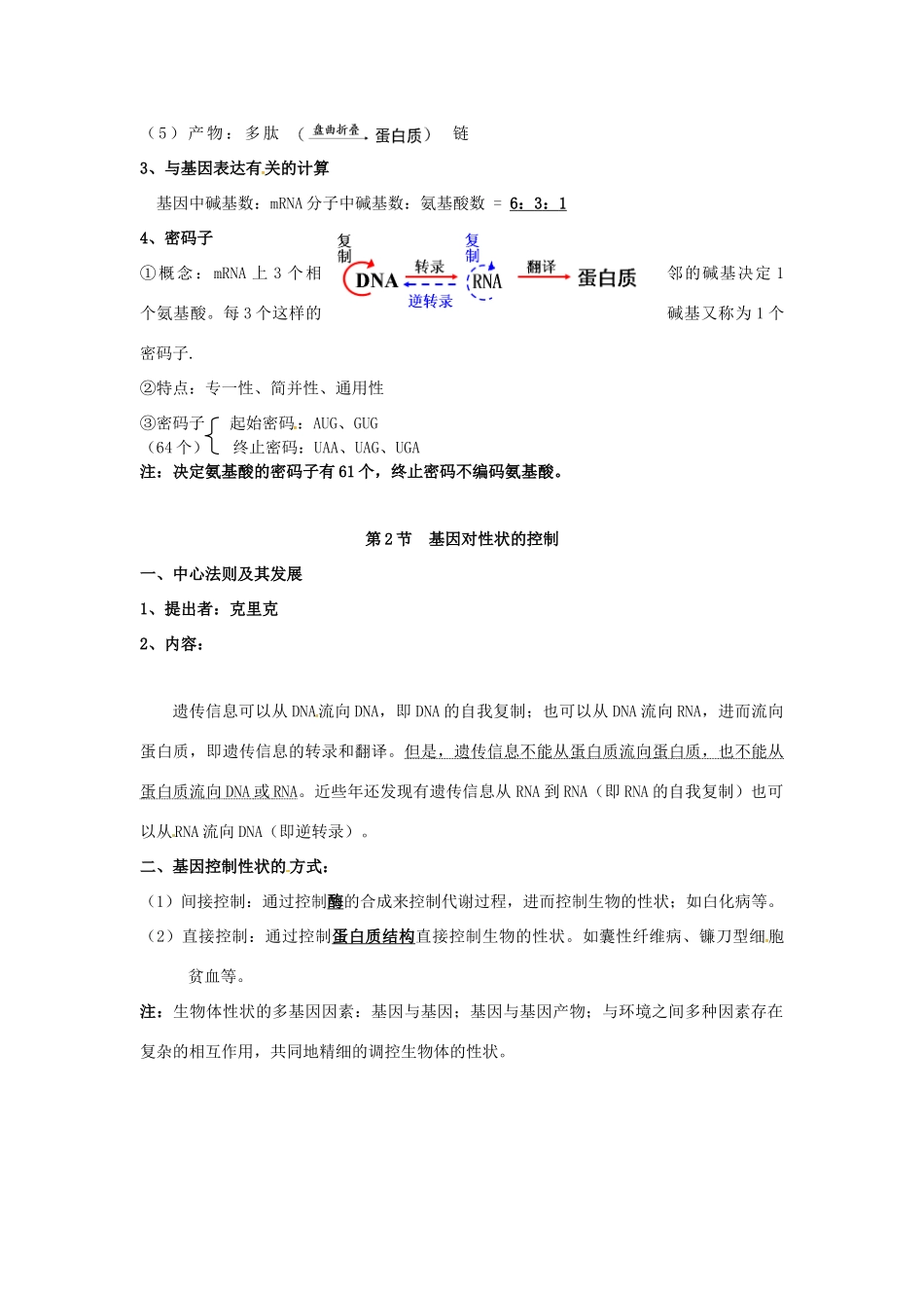 高中生物 第四章《基因的表达》知识点总结 新人教版必修2-新人教版高一必修2生物素材_第2页