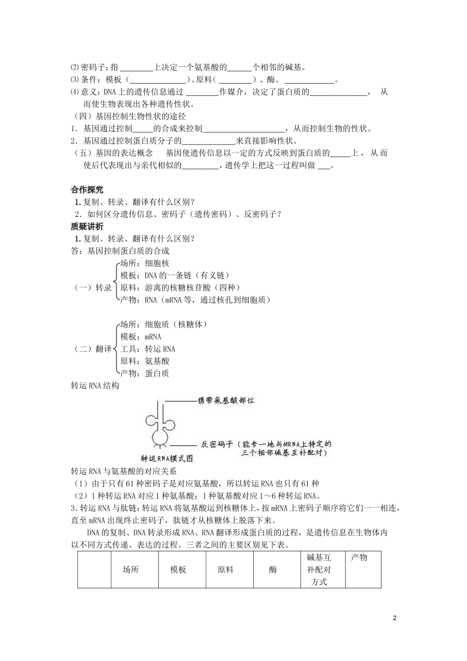 高中生物 第四章第一节 基因控制蛋白质的合成第1课时导学案 新人教版必修2_第2页