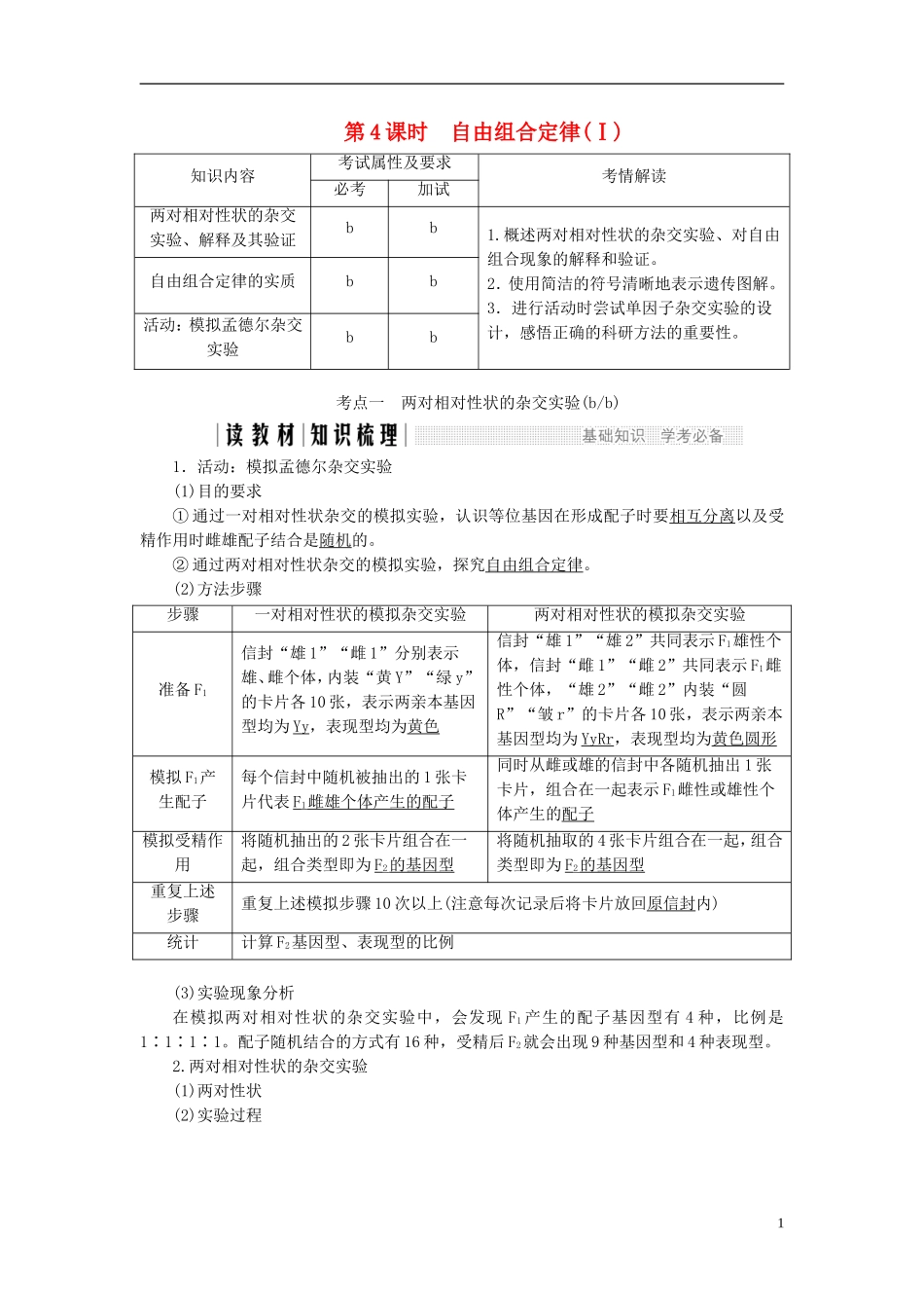 高中生物 第一章 孟德尔定律 第4课时 自由组合定律（Ⅰ）同步备课教学案 浙科版必修2-浙科版高一必修2生物教学案_第1页
