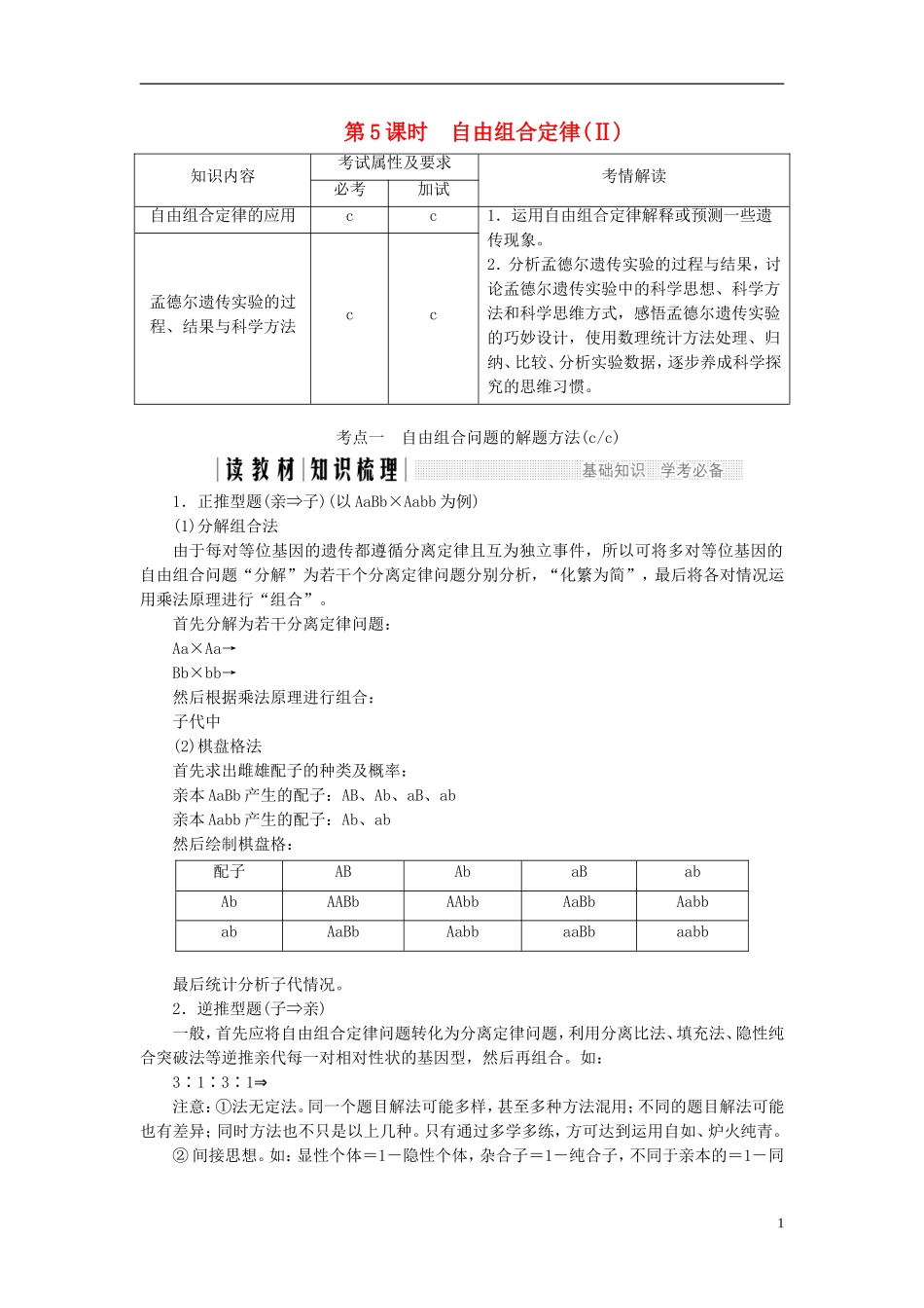 高中生物 第一章 孟德尔定律 第5课时 自由组合定律（Ⅱ）同步备课教学案 浙科版必修2-浙科版高一必修2生物教学案_第1页