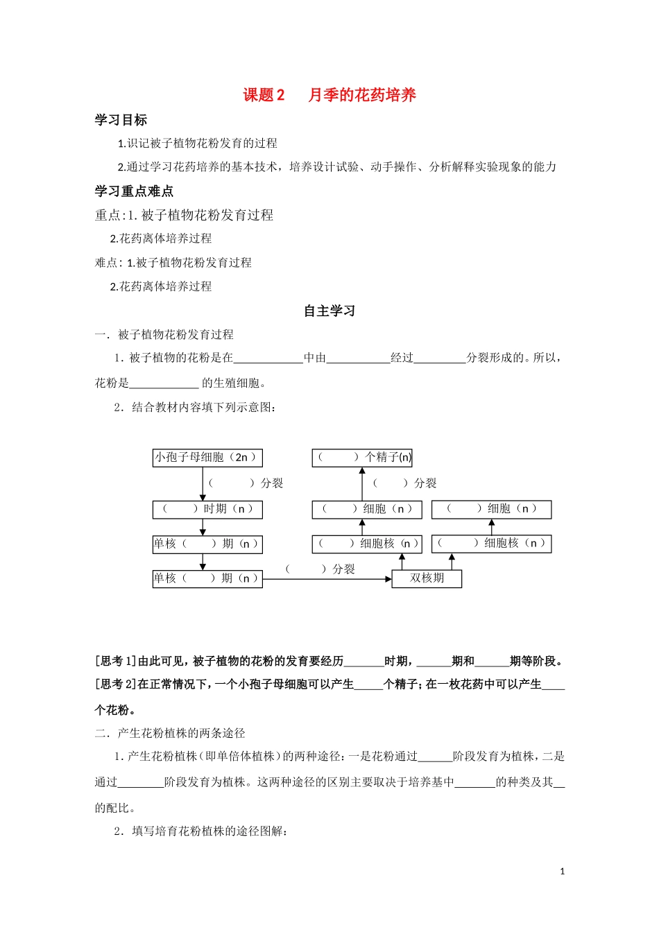 高中生物《月季的花药培养》学案3 新人教版选修1_第1页