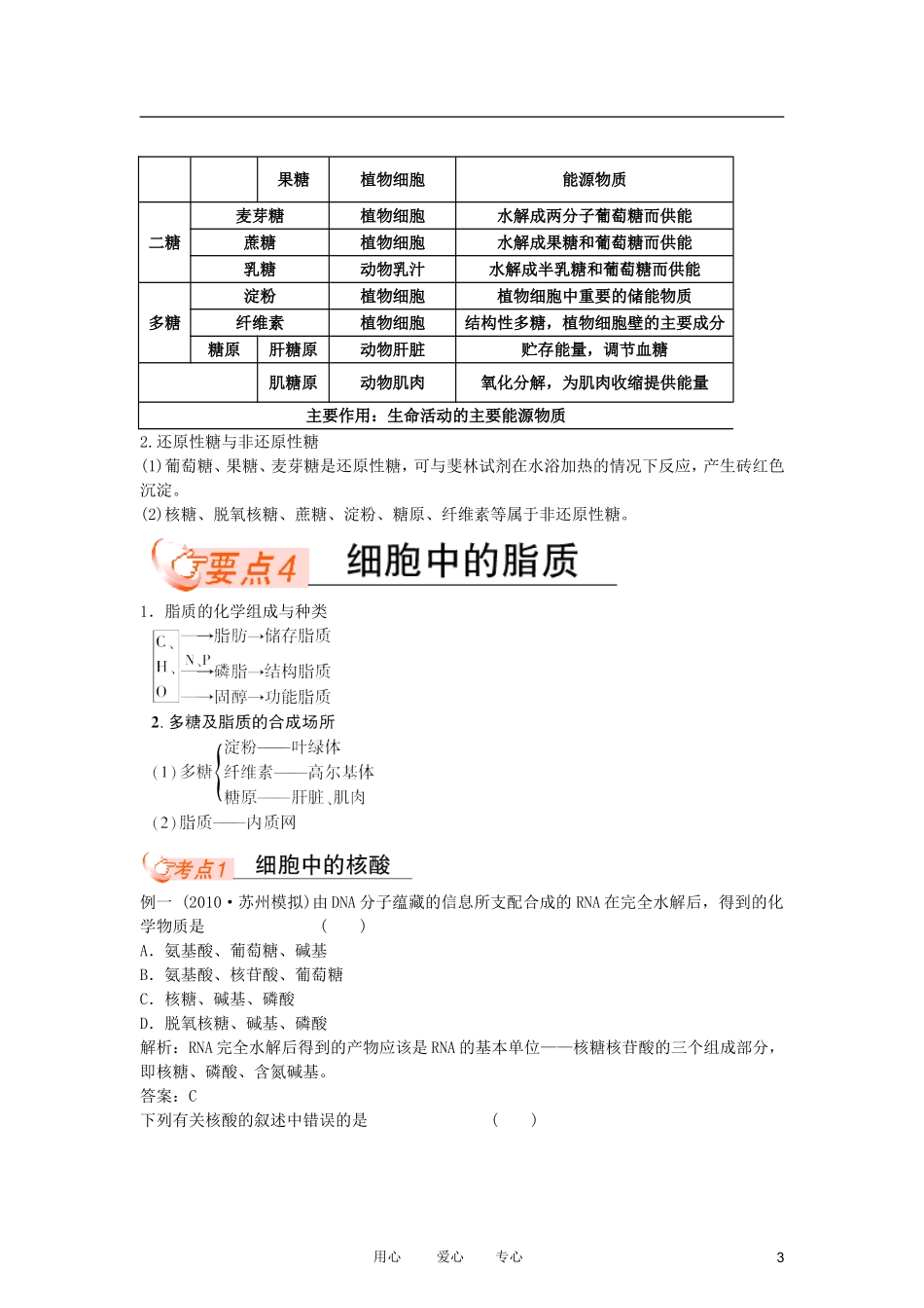 高中生物复习课 2-3  细胞中的核酸糖类和脂类同步学案 新人教版必修1_第3页