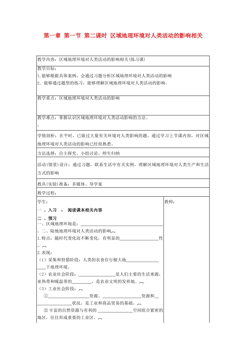 高中秋高中地理 第一章 第一节 第二课时 区域地理环境对人类活动的影响相关教学案（无答案）新人教版必修3-新人教版高二必修3地理教学案_第1页