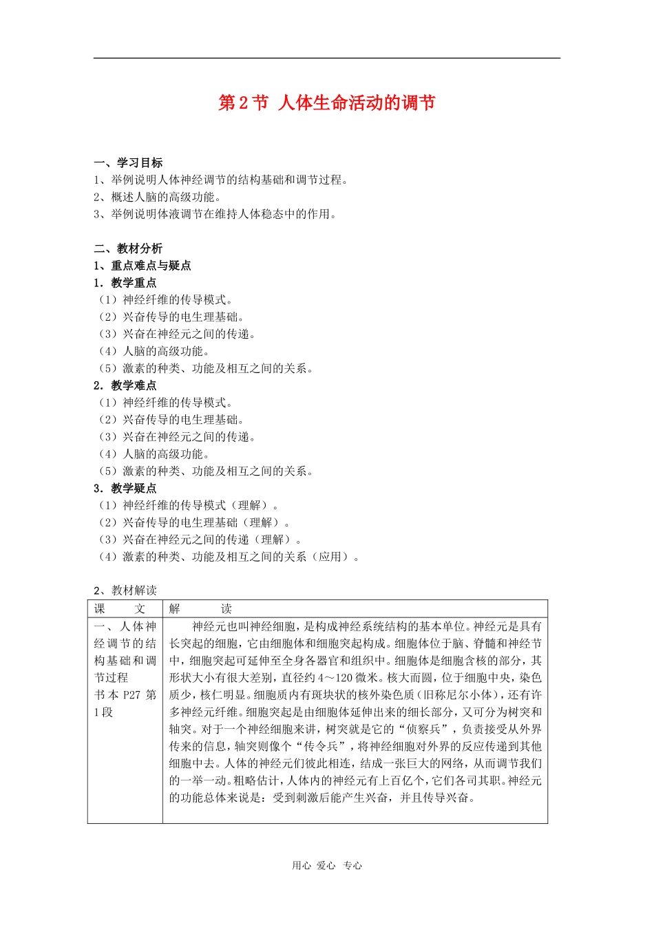 高中生物：2.2《人体生命活动的调节》学案（苏教版必修3）_第1页