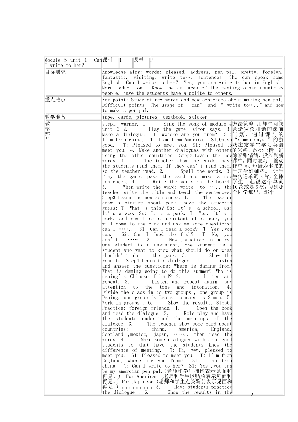 2014秋六年级英语上册 Module 5 Unit 1 Unit 1 Can I write to her教案2 外研版（一起）_第2页