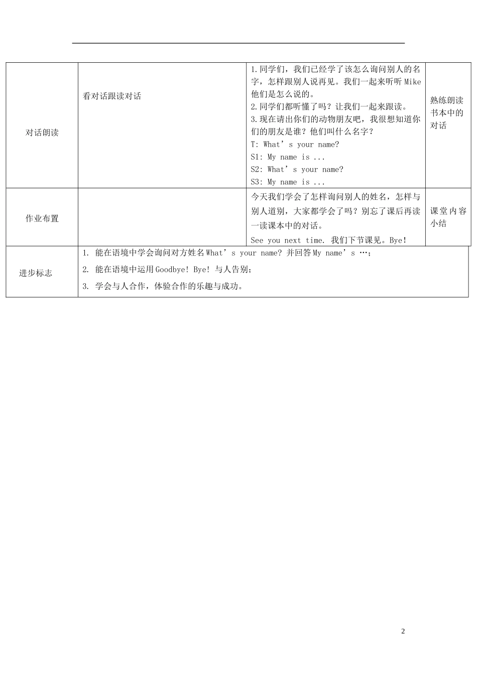 2014年秋三年级英语上册 Unit1 Hello（第四课时）教案 （新版）人教PEP_第2页