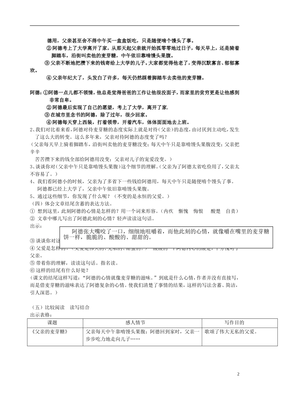 2014秋六年级语文上册 父亲的麦芽糖教案 北京版_第2页