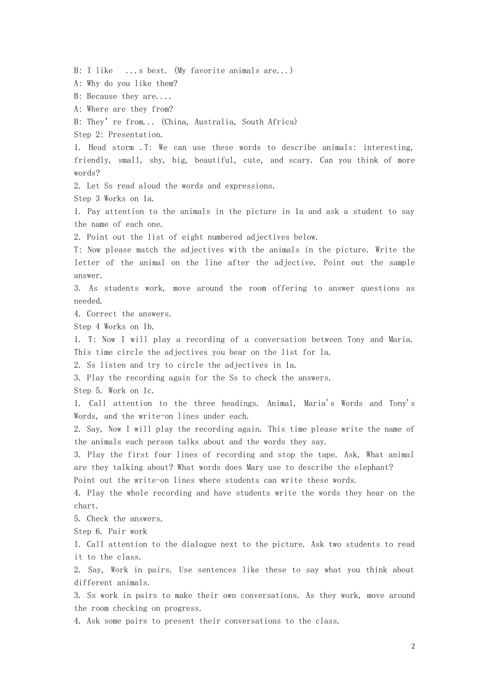 【金识源】2015春六年级英语下册 Unit 7 Why do you like pandas.Section B（1a-1d，3a-self）教案 鲁教版五四制_第2页