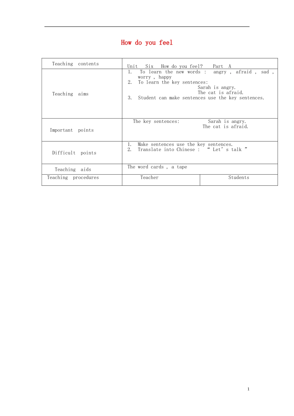 2014年秋六年级英语上册 Unit6 How do you feel教案3 （新版）人教PEP_第1页
