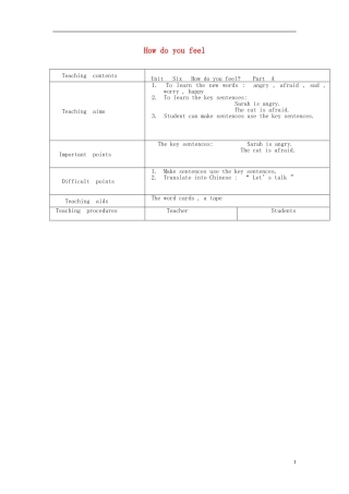 2014年秋六年级英语上册 Unit6 How do you feel教案3 （新版）人教PEP