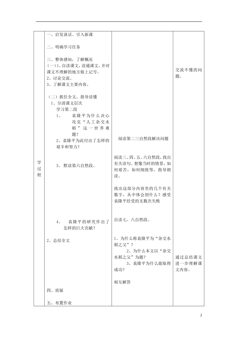2014秋六年级语文上册 世界杂交水稻之父教案 北京版_第2页