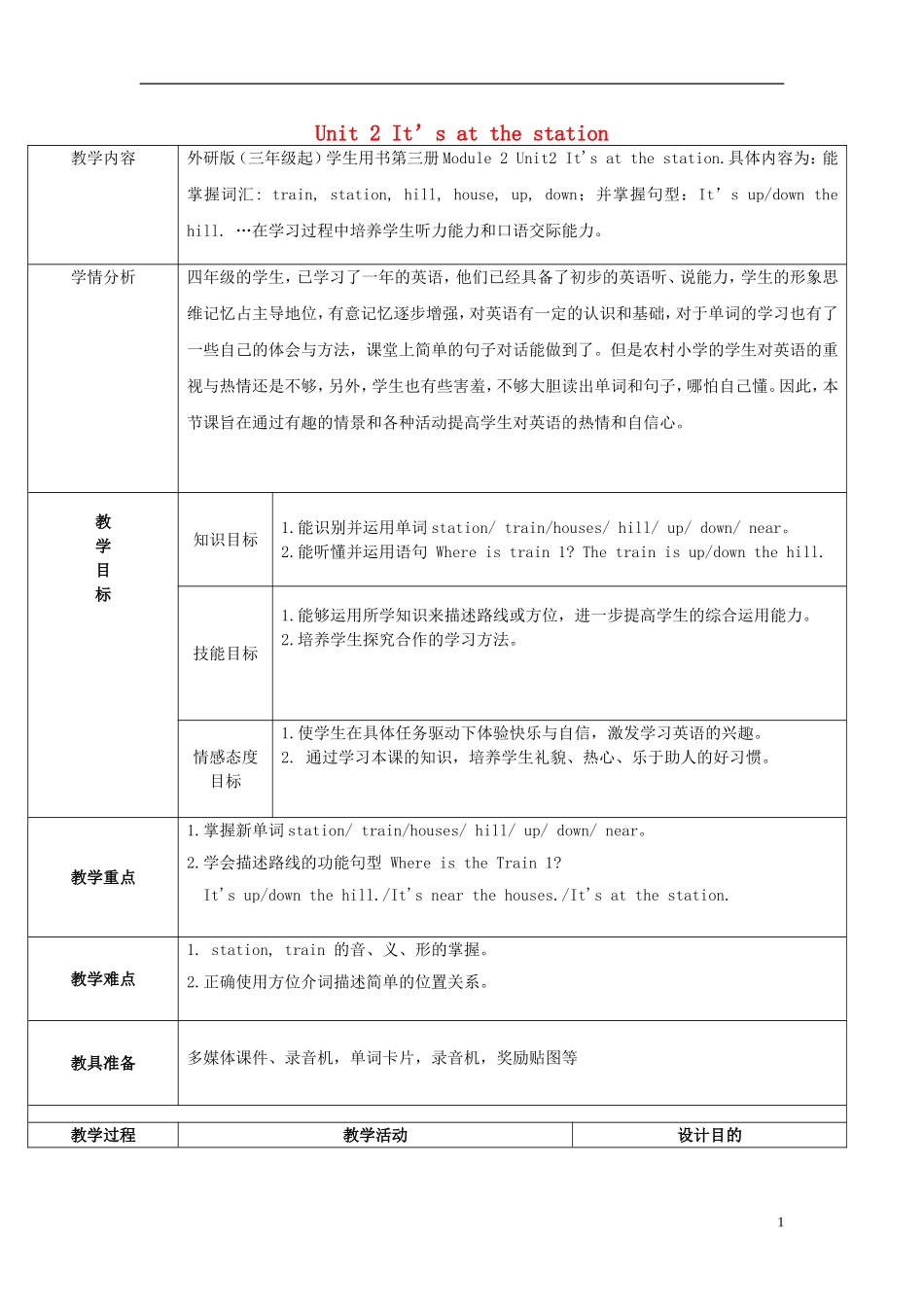 2014秋四年级英语上册 Module 1 Unit 2 It’s at the station教案 外研版（三起）_第1页
