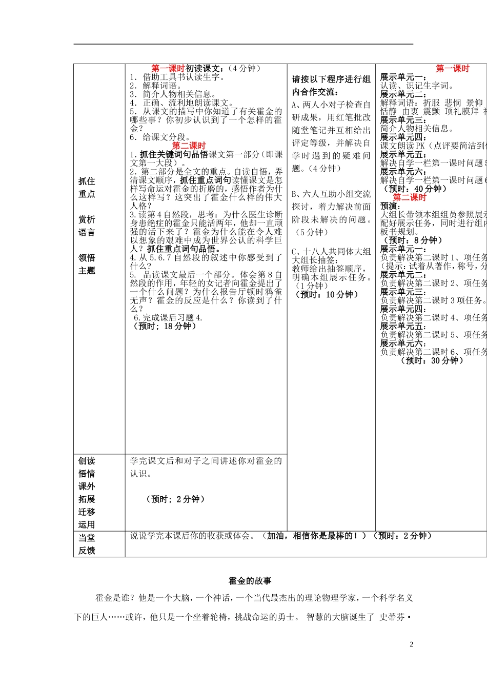 2014年秋六年级语文上册 第10课 轮椅上的霍金教学设计1 苏教版_第2页