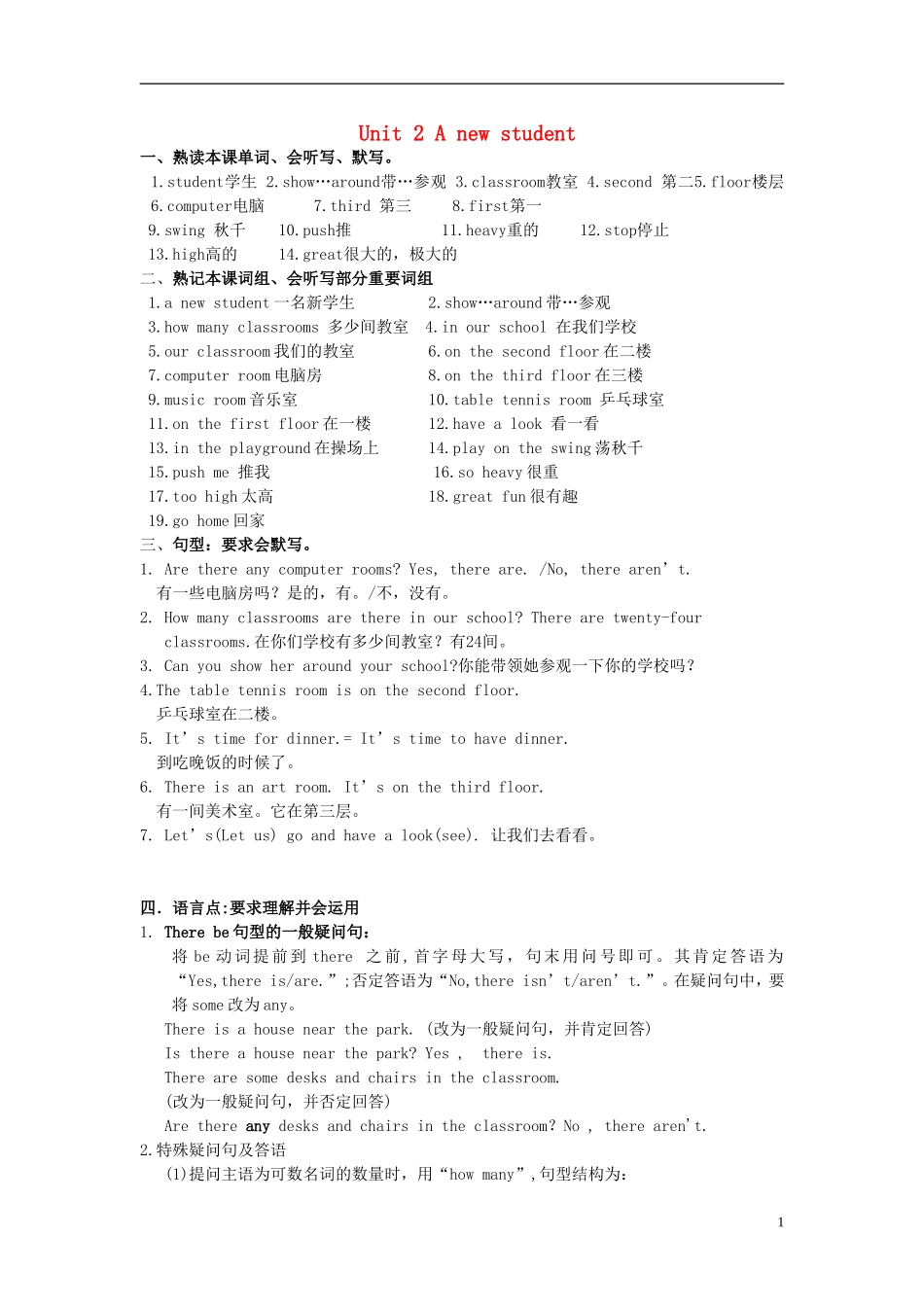 2014年秋五年级英语上册 Unit2 A new student单词、词组汇编 译林版_第1页