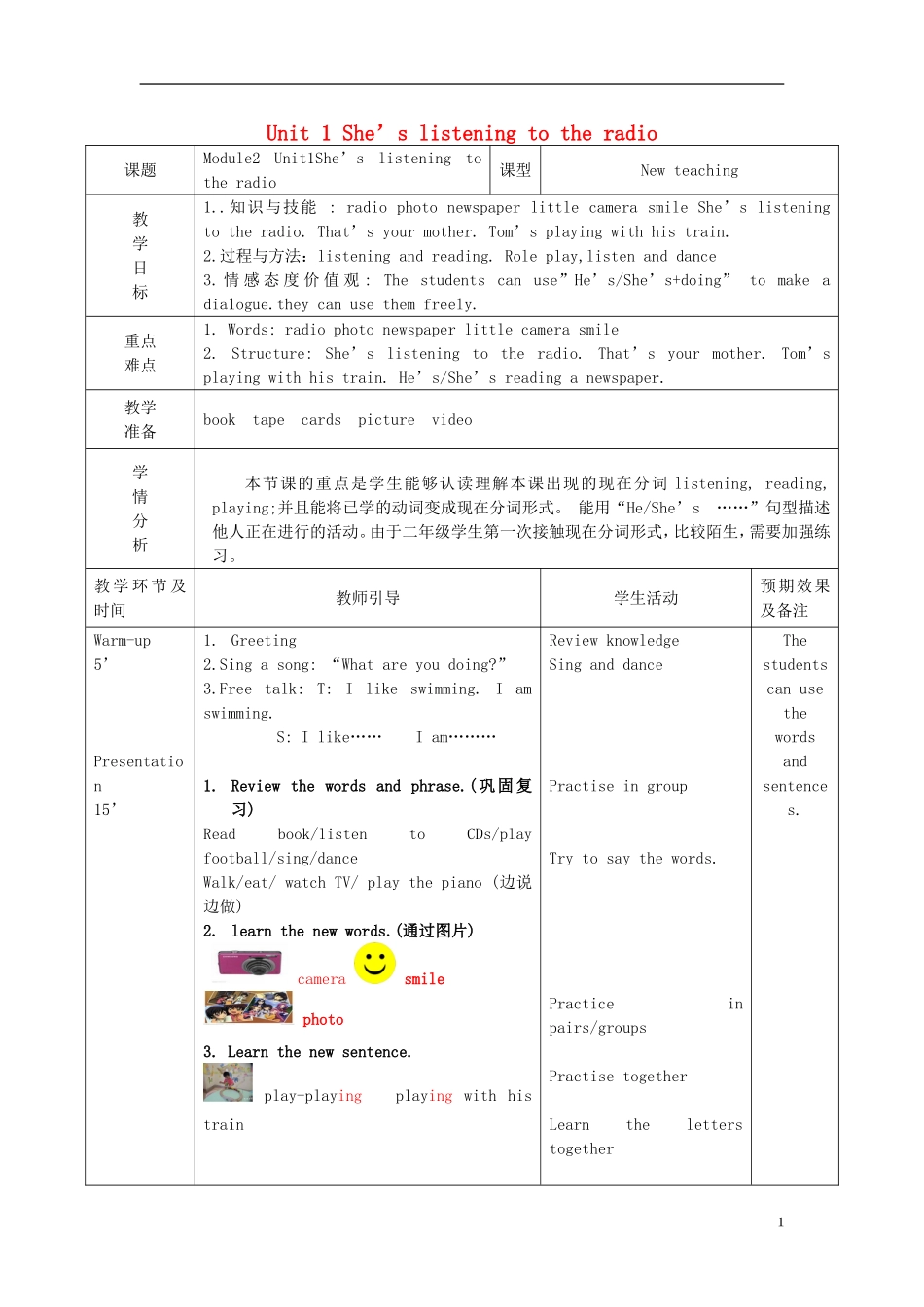 2015春二年级英语下册 Module 2 Unit 1 She’s listening to the radio教案 外研版（一起）_第1页