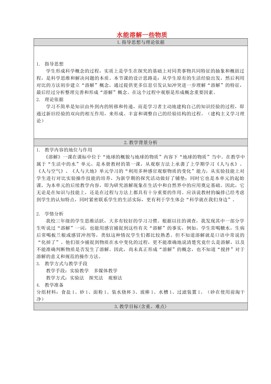 2014三年级科学下册 水能溶解一些物质教案2 首师大版_第1页