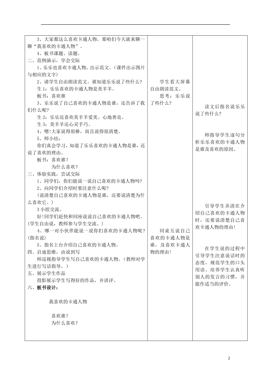 2015春二年级语文下册《口语交际 我喜欢的卡通人物》教案1 鄂教版_第2页