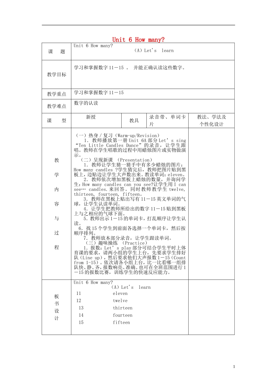 2014三年级英语下册《Unit 6 How many》（第2课时）教案 人教PEP_第1页
