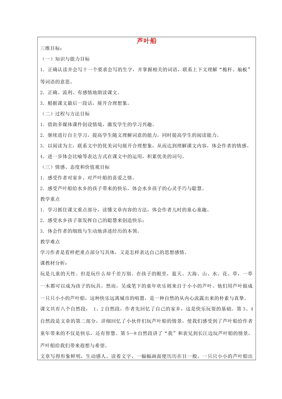 2014四年级语文下册 芦叶船教案2 冀教版_第1页