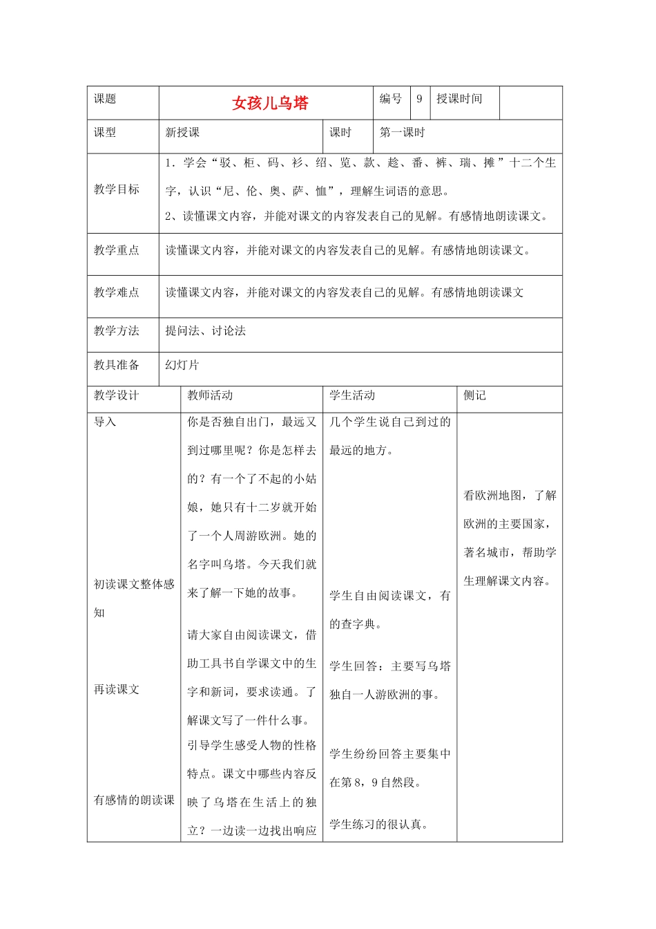 2014四年级语文下册 女孩乌塔教案1 冀教版_第1页