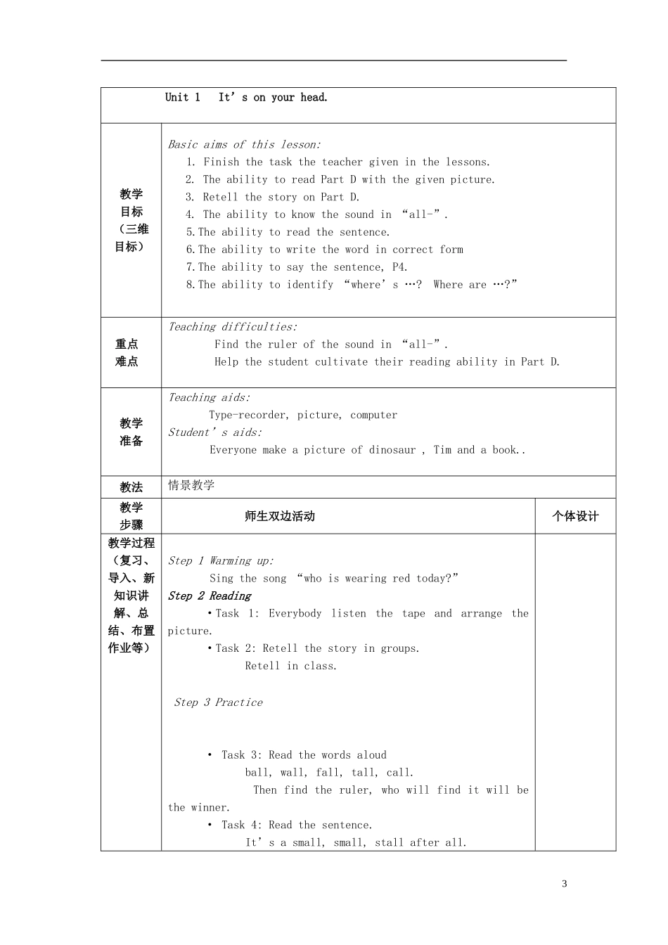2015春四年级英语下册《Unit 1 It’s on your head》教案 湘少版_第3页