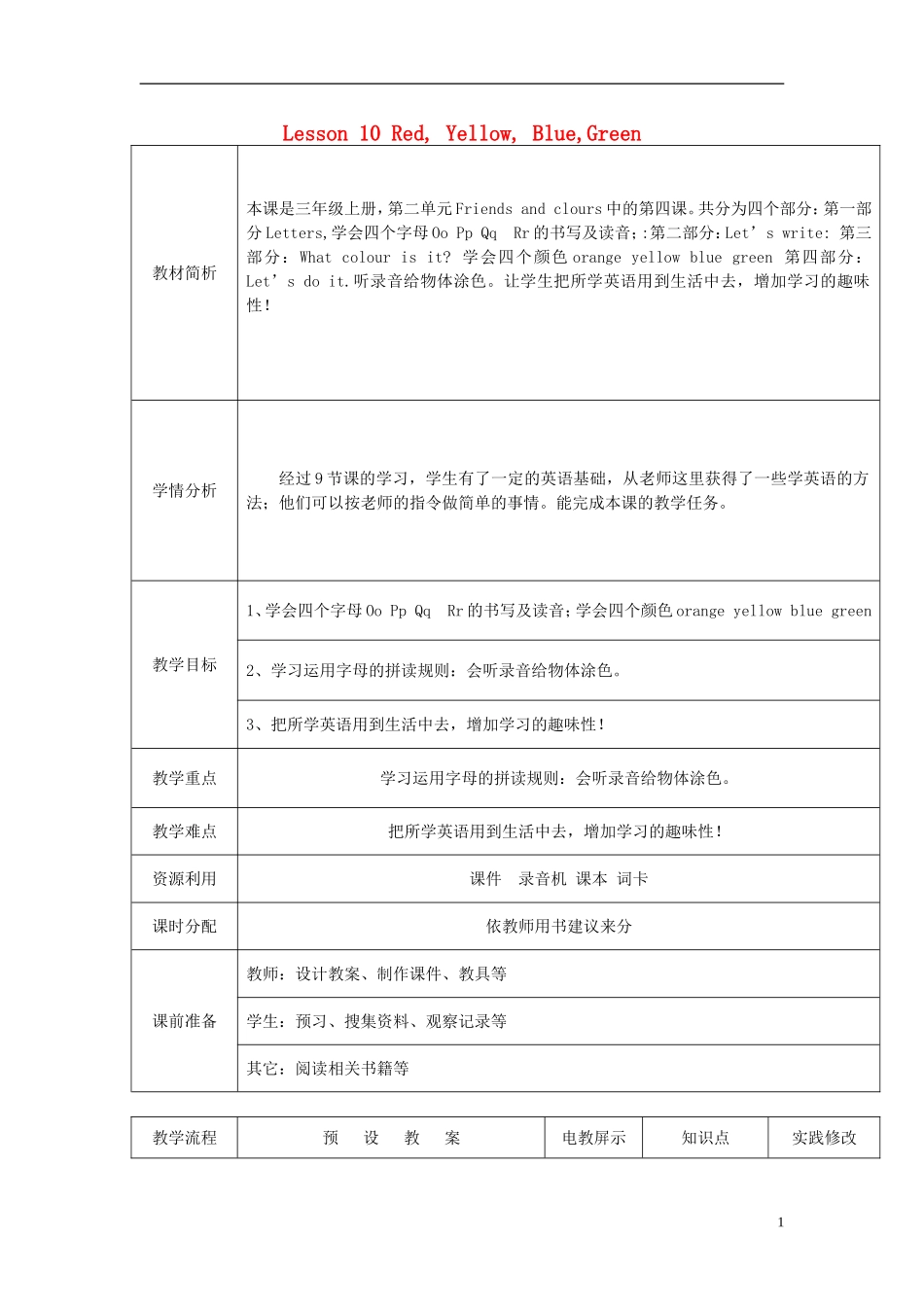 2014秋三年级英语上册 Lesson 10 Red, Yellow, Blue,Green教案 冀教版_第1页