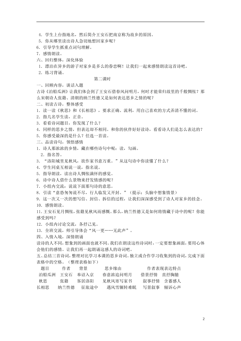 2015春五年级语文下册《泊船瓜洲》教案 长春版_第2页