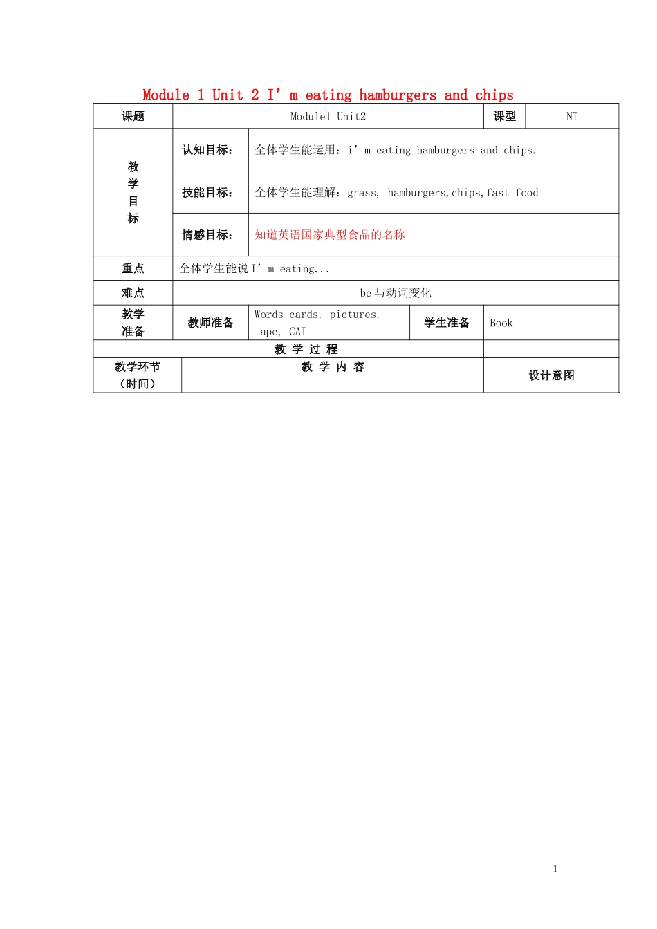2014秋三年级英语上册 Module 1 Unit 2 I’m eating hamburgers and chips教案 外研版（一起）_第1页