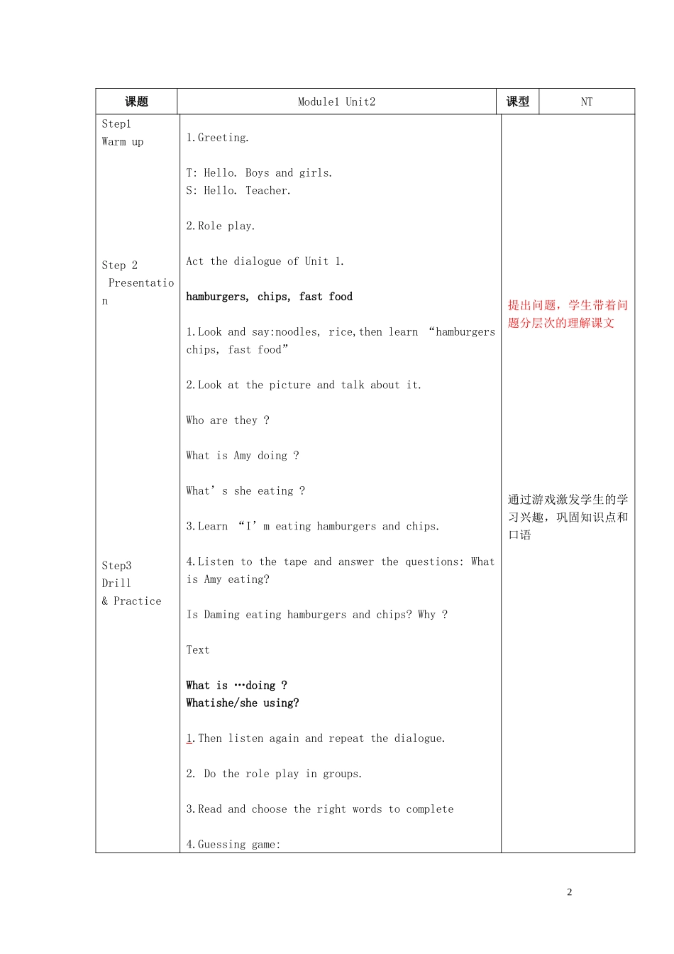 2014秋三年级英语上册 Module 1 Unit 2 I’m eating hamburgers and chips教案 外研版（一起）_第2页