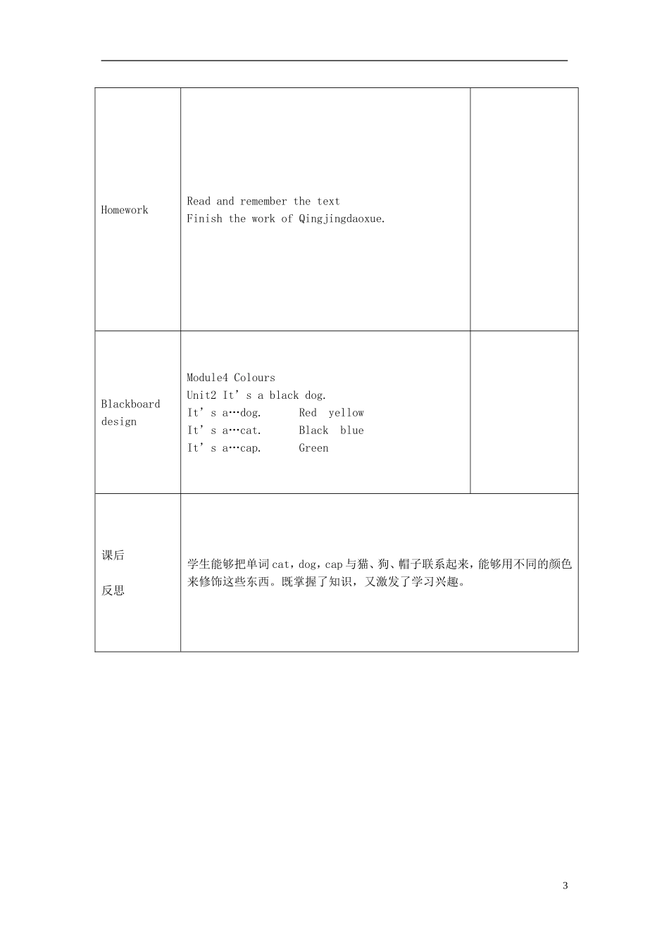 2014秋三年级英语上册 Module 4 Unit 2 It’s a black dog 教案 外研版（三起）_第3页