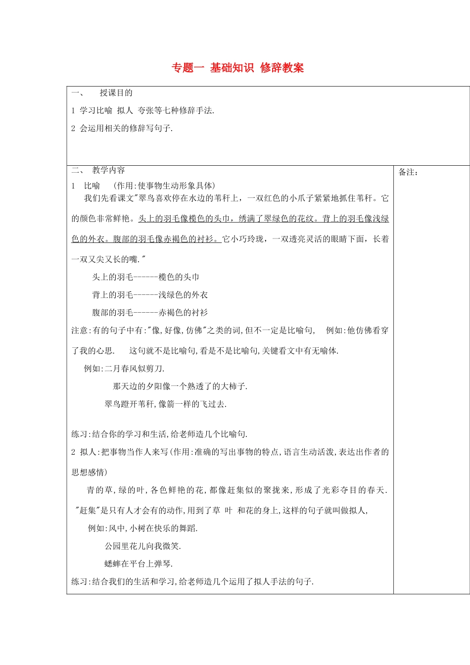 2014小升初语文知识点专项复习 专题一 基础知识 修辞教案_第1页