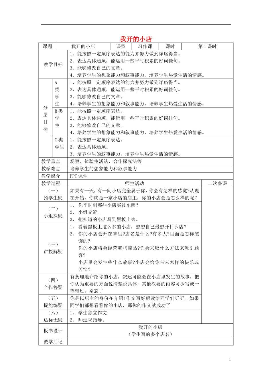 2015春五年级语文下册《习作 我开的小店》教案1 鄂教版_第1页