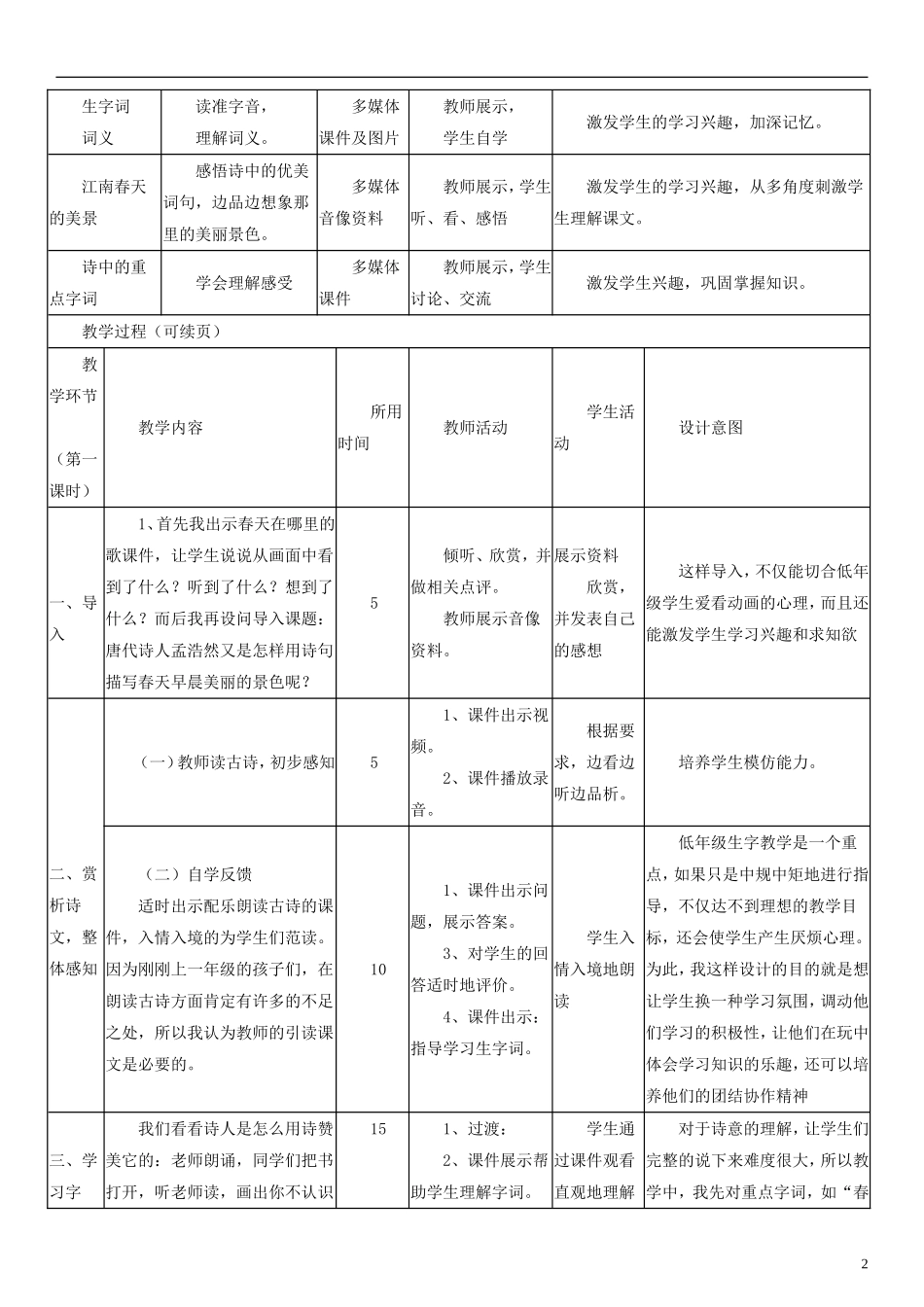 2014一年级语文下册 春晓教案（1） 长春版_第2页