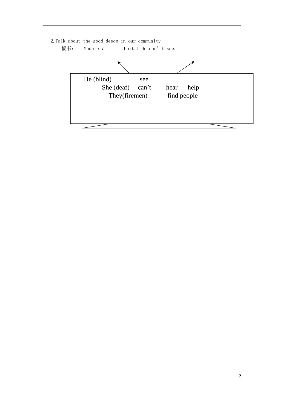 2014秋五年级英语上册 Module 7 Unit 1 He can’t see教案 外研版（三起）_第2页