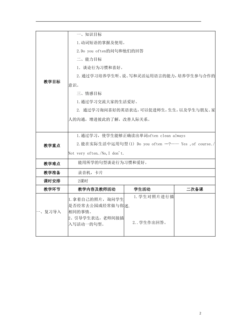 2014秋五年级英语上册 Module 8 Unit 1、2教案 外研版（三起）_第2页