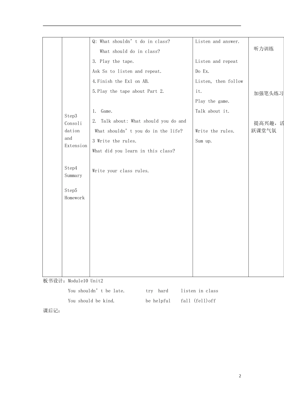 2014秋五年级英语上册 Module 10 Unit 2 You shouldn’t be late教案 外研版（一起）_第2页