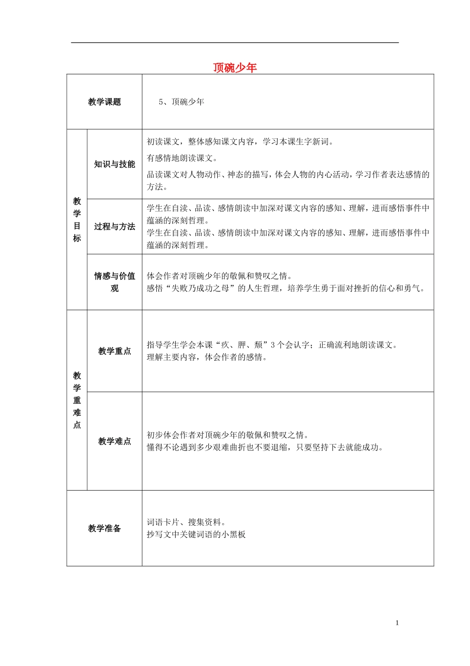 2015五年级语文下册《顶碗少年》教案 语文A版_第1页