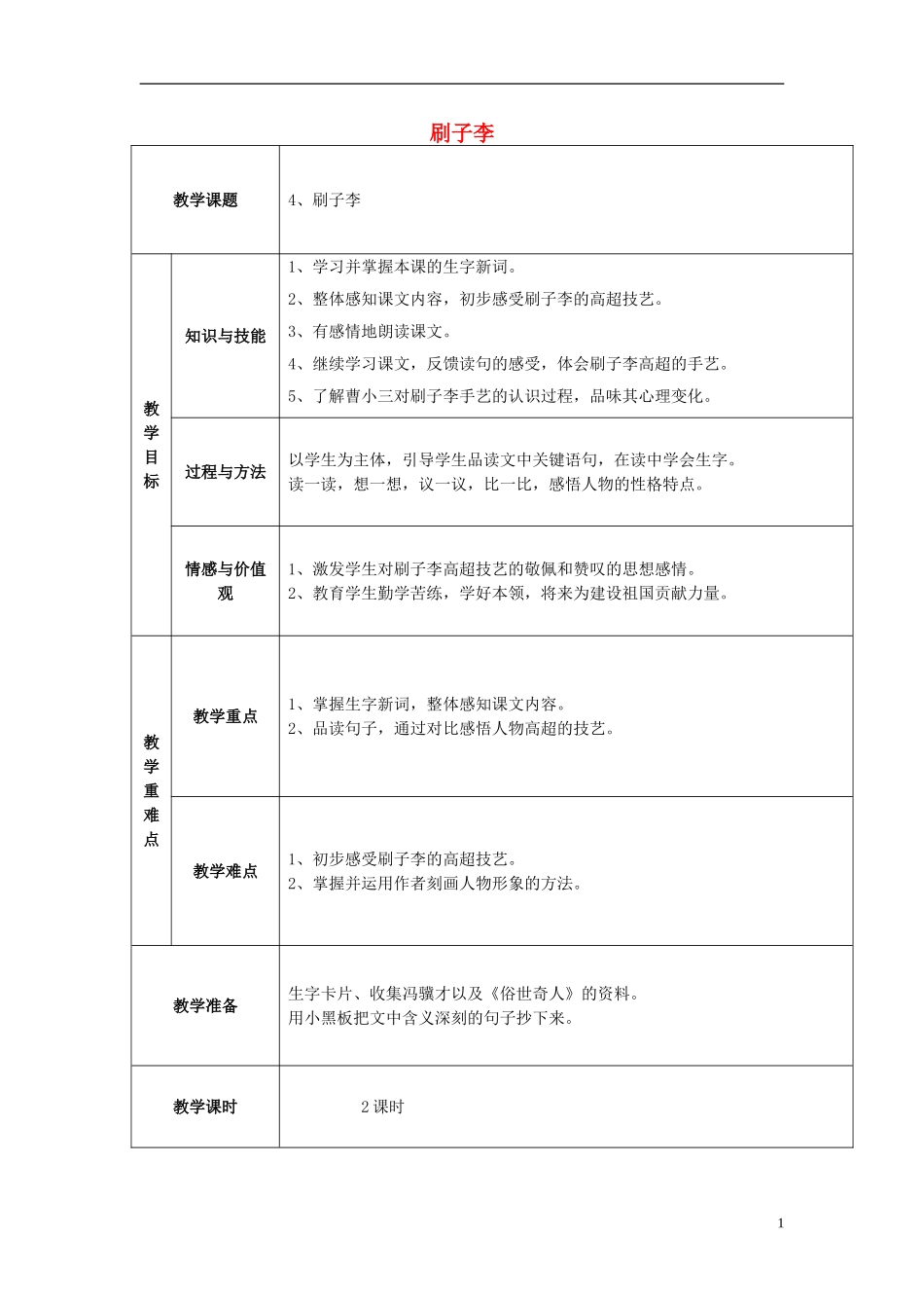 2015五年级语文下册《刷子李》教案2 语文A版_第1页