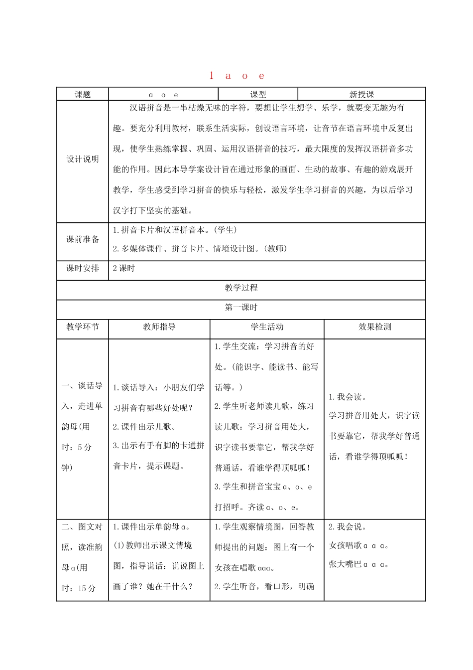 一年级语文上册 汉语拼音 1《ɑ o e》导学案 新人教版-新人教版小学一年级上册语文学案_第1页