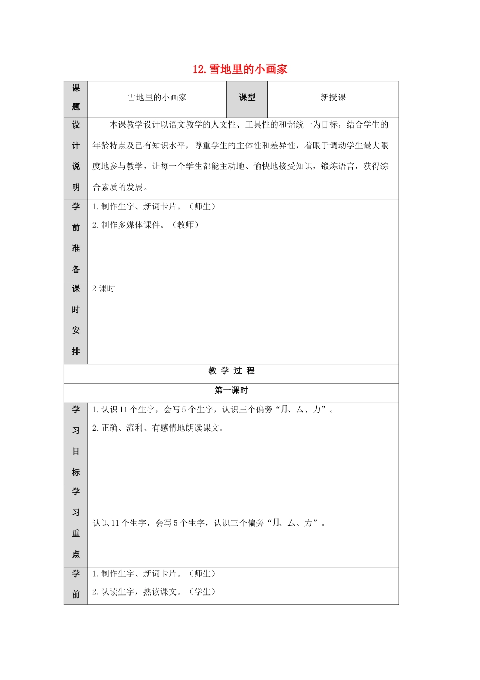 一年级语文上册 课文 4 12 雪地里的小画家导学案（无答案）新人教版-新人教版小学一年级上册语文学案_第1页