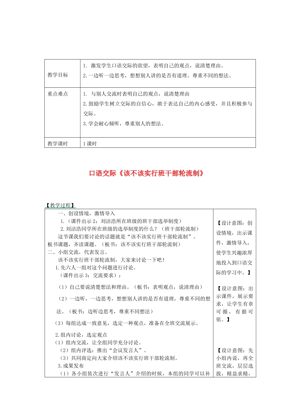 三年级语文下册 第二单元 口语交际 该不该实行班干部轮流制教案3 新人教版-新人教版小学三年级下册语文教案_第1页