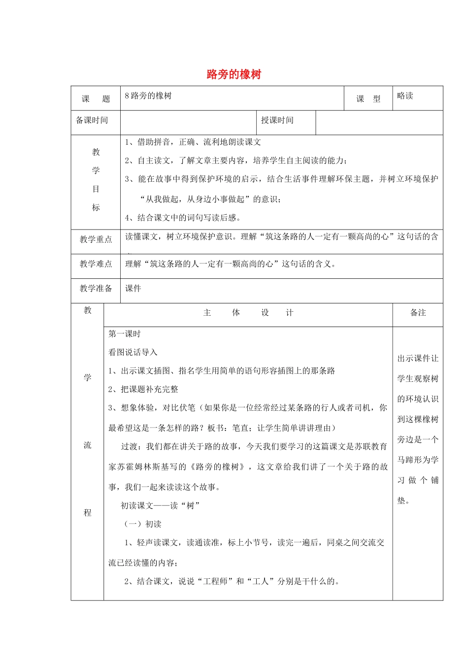 三年级语文下册 第二组 8路旁的橡树教案1 新人教版-新人教版小学三年级下册语文教案_第1页