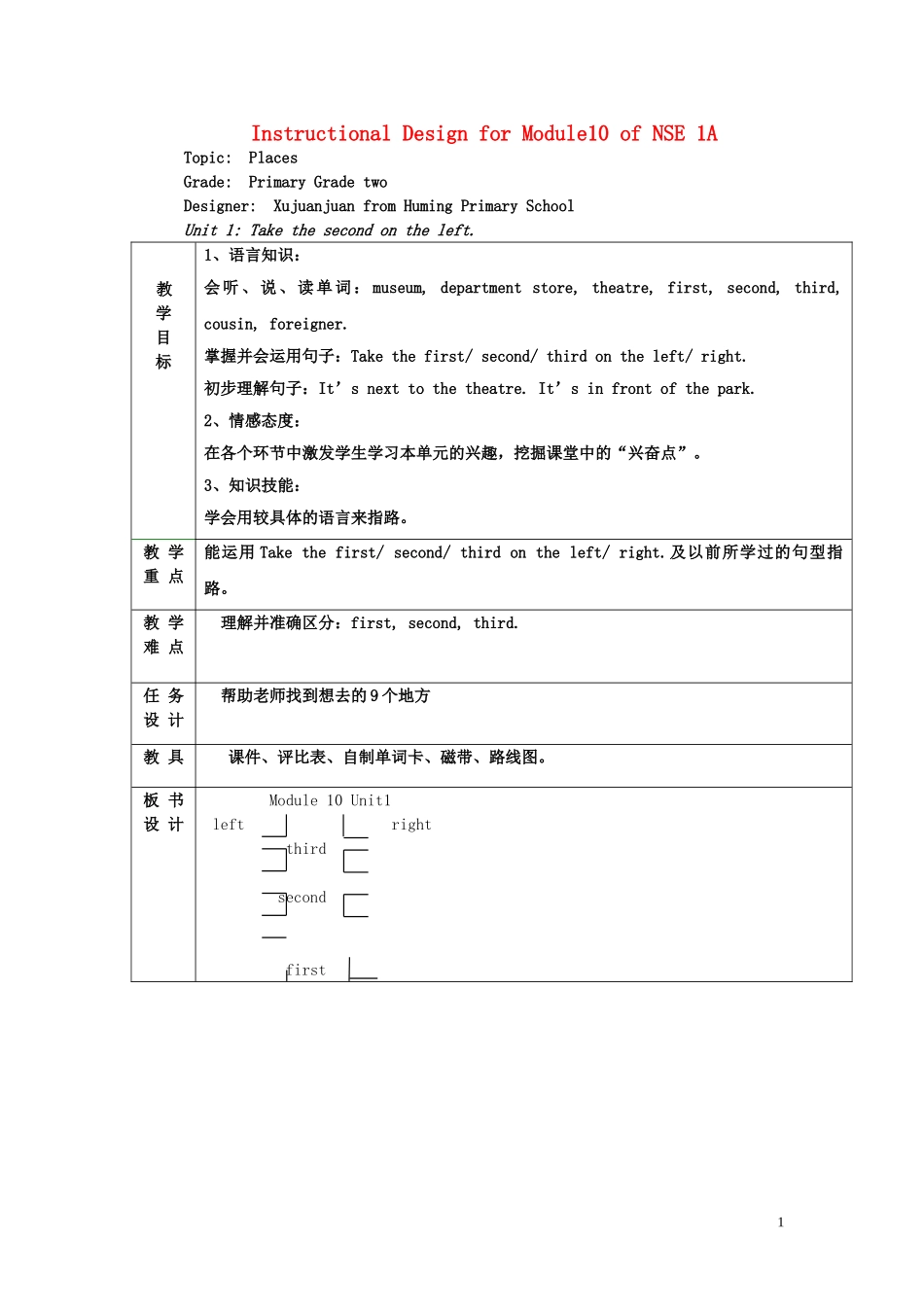 二年级英语 module 10 unit 1 take the second on the right 比赛教案 人教版_第1页