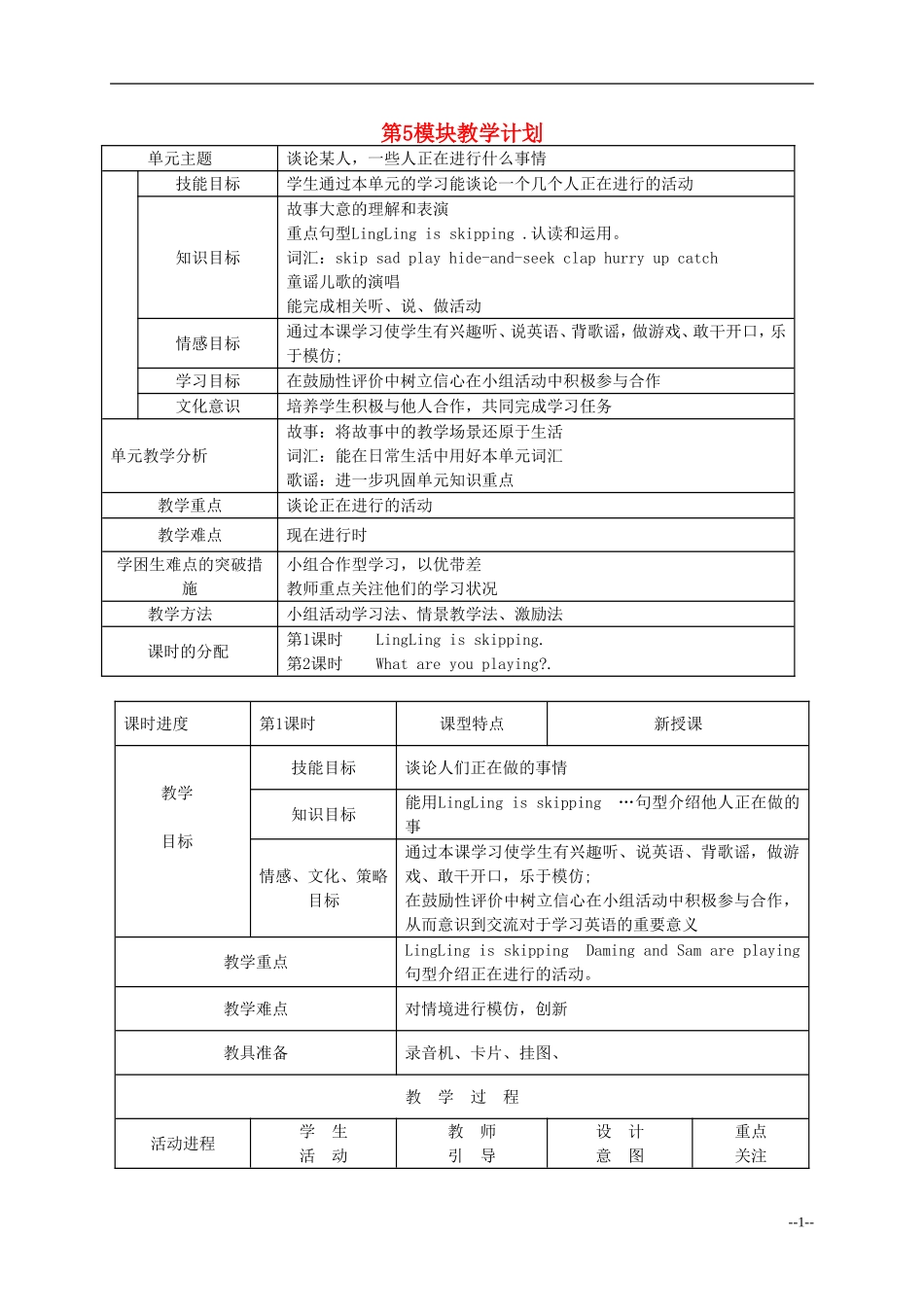 二年级英语下册 Module5 Unit1LingLing is skipping教案 外研版（一起）_第1页