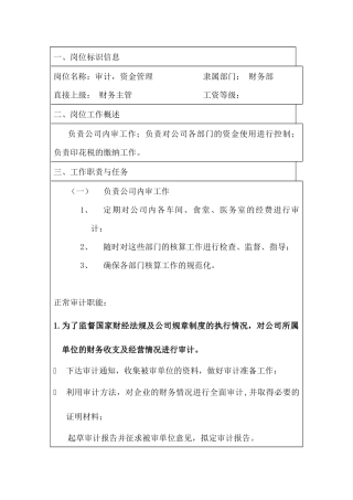 某公司审计，资金管理岗位说明书