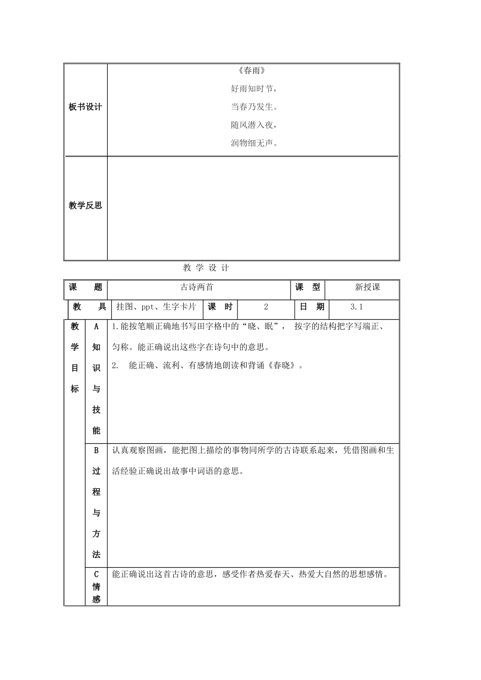 二年级语文下册《古诗两首》（春雨、春晓）教学设计1 苏教版_第3页
