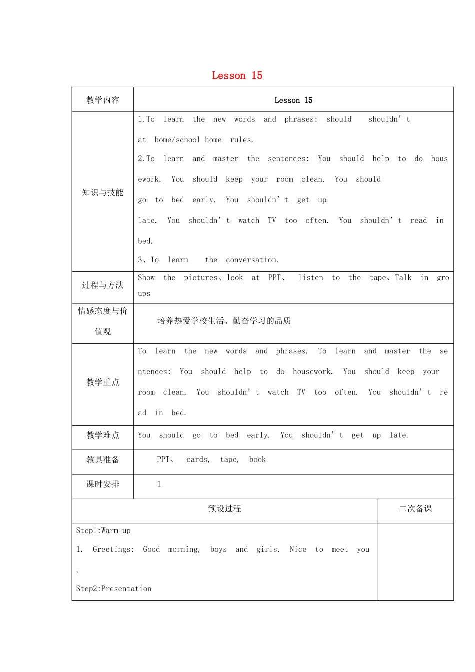 五年级英语下册 Unit 3 We should obey the rules Lesson 15教案 人教精通版（三起）-人教版小学五年级下册英语教案_第1页