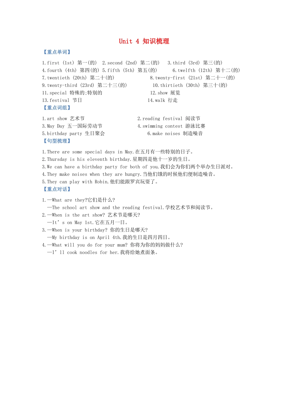 五年级英语下册 Unit 4 When is the art show知识梳理 人教PEP版-人教PEP小学五年级下册英语素材_第1页