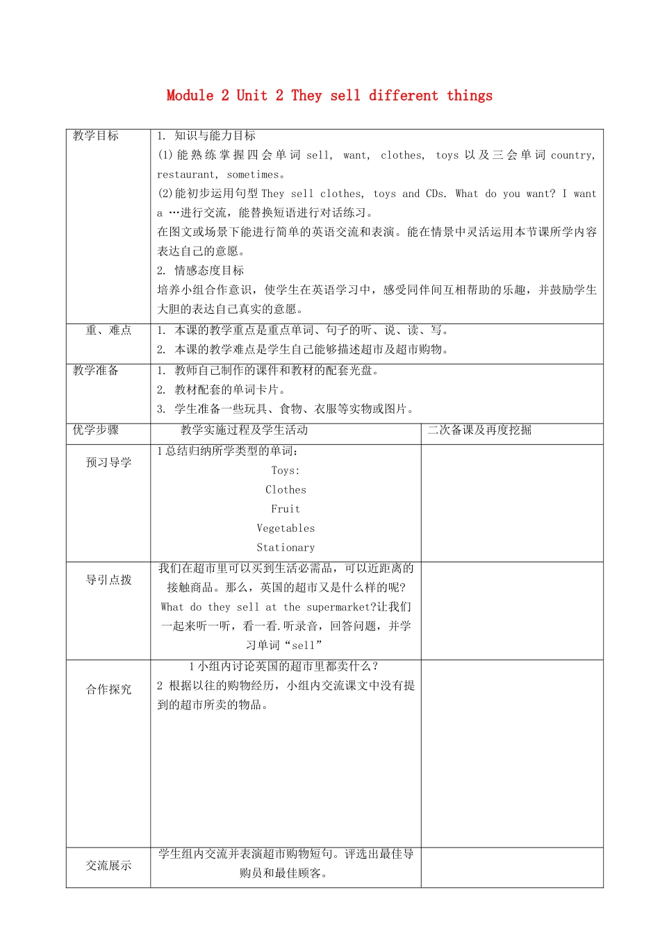 五年级英语上册 Module 2 Unit 2 They sell different things导学案 外研版（一起）-外研版小学五年级上册英语学案_第1页